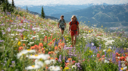 Two hikers navigate a colorful wildflower meadow in the mountains, enjoying the beauty of nature and the thrill of outdoor adventure on a sunny day.の素材