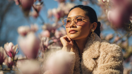 A young woman looks serene and fashionable while posing by blooming magnolia flowers in a bright, sunny outdoor setting, showcasing beauty and elegance in nature.の素材