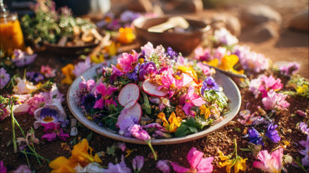 A beautiful salad featuring fresh vegetables and edible flowers, set in a natural environment, showcases vibrant colors and creativity in presentation, perfect for health enthusiasts.の素材