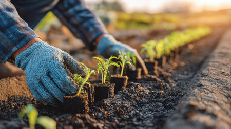 A dedicated gardener carefully plants young seedlings in rich, dark soil, symbolizing the nurturing of life and sustainability in modern gardening practices under warm sunlight.の素材