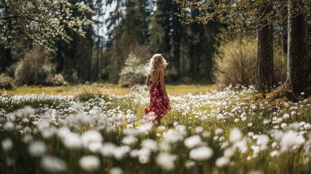 A young woman in a flowing red dress wanders through a picturesque meadow filled with white blooms, capturing the essence of nature's beauty and a serene, joyful escape.の素材