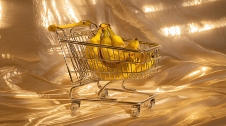 A vibrant arrangement featuring fresh bananas in a miniature shopping cart set against a shiny golden background, perfect for creative food photography focusing on health and nutrition.の素材