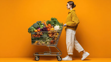 A trendy woman strolls with a shopping cart overflowing with fresh vegetables and fruits against a vivid yellow backdrop, highlighting healthy eating and lifestyle choices.の素材