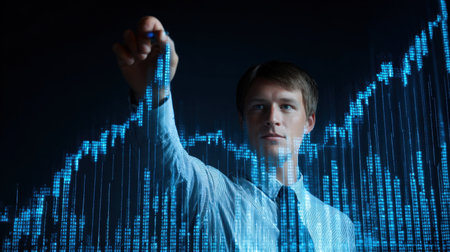 A professional businessman interacts with a virtual chart displaying financial data, symbolizing economic analysis and market trends in a corporate environment.の素材