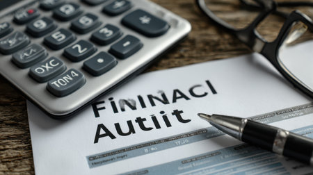 Financial auditing is essential for effective management and transparency in business operations, as seen in this detailed setup featuring a calculator and pen on a workspace.の素材