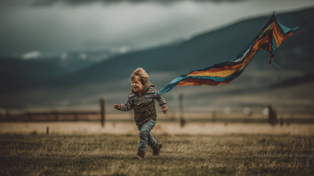 A happy child runs through a grassy field, joyfully holding a colorful flag, embodying the essence of childhood freedom and adventure in a breathtaking natural setting.の素材