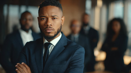 A confident male business professional stands in a modern office with colleagues in the background, showcasing teamwork and professionalism in a corporate environment.の素材