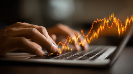Hands typing on a laptop with a visualization of a rising growth graph, representing financial analysis and investment strategies in a business environment.の素材