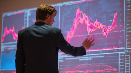 A business professional in a suit engages with digital financial data on a screen, showcasing vibrant graphs and stock trends in a modern office space, symbolizing strategic market analysis.の素材