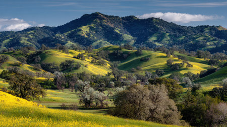 A beautiful landscape featuring rolling green hills adorned with vibrant yellow wildflowers, framed by majestic mountains and a clear blue sky, offering a serene outdoor experience.の素材