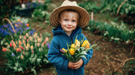 A delighted child stands in a vibrant garden, holding a bouquet of tulips. The scene captures the joy of nature and childhood, making it a perfect spring moment.の素材