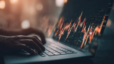 Close-up view of hands typing on a laptop with a screen showing financial data and stock trends, set in a warm indoor environment, ideal for technology and business themes.の素材