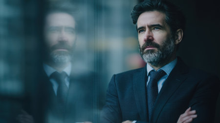 A serious businessman stands by a window, lost in thought. His reflective expression suggests deep contemplation about strategies and goals in a modern urban setting.の素材