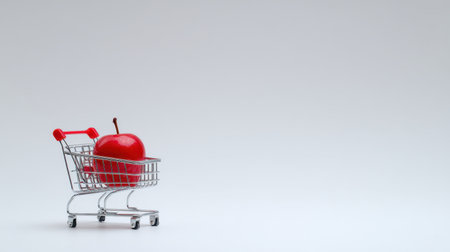 A small shopping cart features a bright red apple, perfect for conveying themes of health, nutrition, and fresh shopping experiences in a clean, minimalist setting.の素材