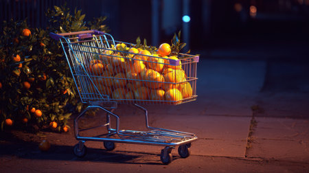 A shopping cart brimming with fresh oranges rests against a backdrop of soft evening lights, creating a serene atmosphere in an urban setting. Perfect for food-related themes.の素材