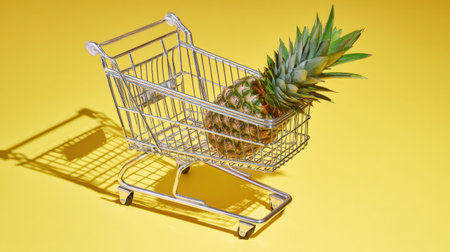 A delightful pineapple nestled in a metallic shopping cart against a bright yellow backdrop, illustrating the joy of healthy eating and vibrant grocery shopping adventures.の素材