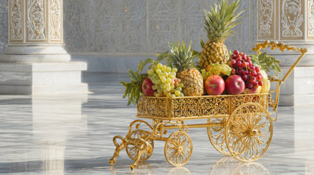 A luxurious display of fresh fruits in a beautiful golden cart, set against an ornate marble backdrop, showcasing elegance and abundance in a stunning arrangement.の素材
