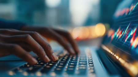 A close-up view of hands on a laptop keyboard displays stock market data, highlighting the blend of technology and finance in a bustling urban environment.の素材