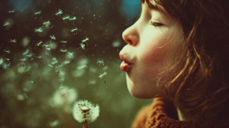 A young child enjoying a moment in nature, blowing dandelion seeds into the breeze, capturing a sense of joy, innocence, and the beauty of childhood in a serene setting.の素材