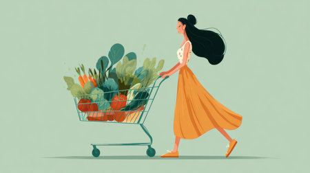 A stylish woman joyfully pushes a shopping cart filled with fresh produce, embodying a vibrant and healthy lifestyle in a modern, minimalistic illustration.の素材