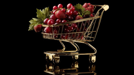 A stunning golden shopping cart filled with fresh red fruits and berries, creating a luxurious and eye-catching presentation perfect for food-related content.の素材