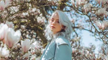 A young woman with striking silver hair stands gracefully among blooming magnolia flowers, embodying the essence of spring in a picturesque garden filled with sunlight.の素材