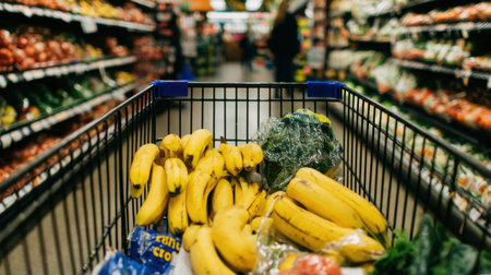 A vibrant shopping cart filled with fresh bananas awaits in a bustling grocery store. The background reveals an array of colorful vegetables and fruits, showcasing healthy options for consumers.の素材