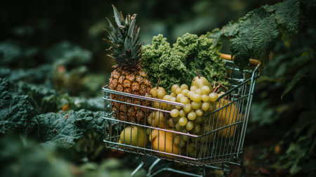 A vibrant image of fresh fruits and vegetables in a shopping cart, highlighting healthy choices amid lush greenery, perfect for promoting organic and healthy lifestyles.の素材