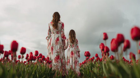 A heartwarming moment captures a mother and daughter walking hand in hand through a vibrant tulip field. The beautiful red flowers bloom against an expressive cloudy sky.の素材