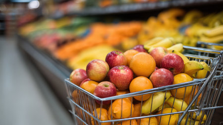 A shopping cart filled with fresh apples, oranges, and bananas showcases vibrant colors in a supermarket aisle, emphasizing healthy eating and nutritious choices for consumers.の素材