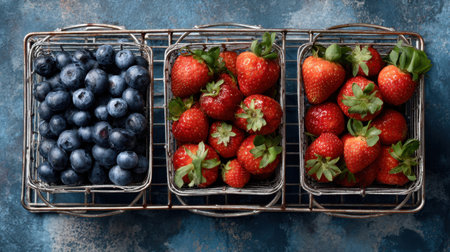 A stunning arrangement of fresh blueberries and strawberries in wire baskets, set on a textured blue background, ideal for healthy living and culinary inspiration.の素材