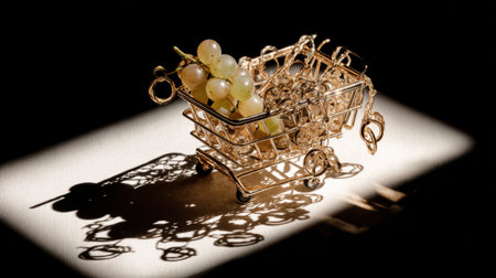 A charming still life scene featuring a miniature shopping cart filled with jewelry and fresh grapes, casting intricate shadows on the surface, representing a blend of elegance and nature.の素材