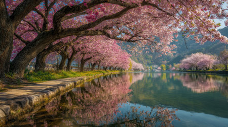 A breathtaking view of cherry blossom trees arching over a calm river, creating a stunning reflection. This serene spring landscape captures the essence of tranquility and nature's beauty.の素材