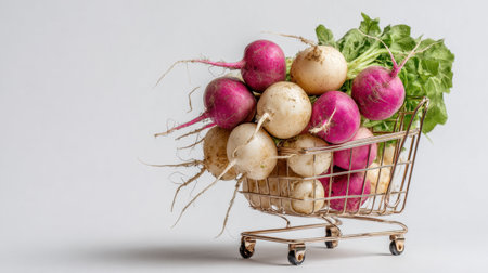 A vibrant assortment of fresh radishes and greens displayed in a small shopping cart, symbolizing healthy eating and organic lifestyle choices, perfect for food-related themes.の素材