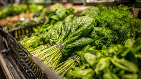A vibrant display of fresh spinach and dill highlights the abundance of green leafy vegetables available at a grocery store, emphasizing healthy eating choices.の素材