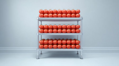 A vibrant display of fresh red tomatoes arranged neatly on metallic shelves, showcasing healthy ingredients perfect for cooking and adding a splash of color to any culinary setting.の素材