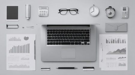 A sleek, monochrome flat lay of a modern workspace featuring a laptop, documents, and various office supplies, ideal for business and productivity themes to convey professionalism.の素材
