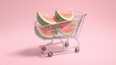 A shopping cart filled with fresh watermelon slices on a soft pink background, highlighting healthy eating and summery vibes perfect for seasonal promotions and culinary inspirations.の素材