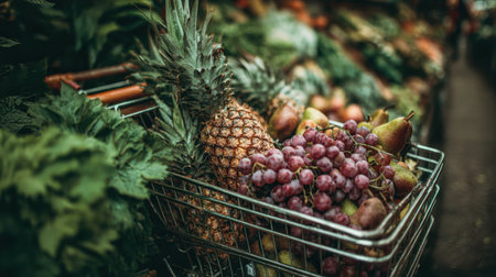 A vivid display of fresh fruits in a market basket, including pineapples, grapes, and pears, beautifully set against a lush background, perfect for health and cooking themes.の素材