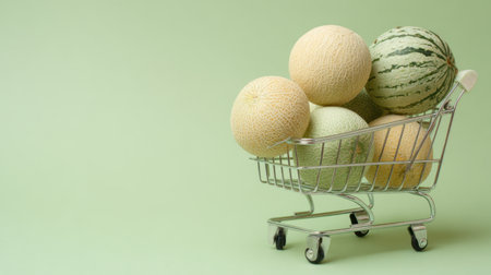 A charming display of various melons in a shopping cart, set against a soft green background, representing freshness, health, and summer vibes perfect for food-themed projects.の素材