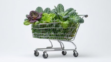 A shopping cart filled with assorted fresh green vegetables showcases a commitment to healthy eating and nutritious cooking, perfect for preparing delicious meals.の素材