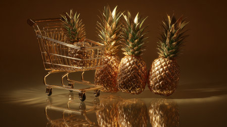 A stunning arrangement of golden pineapples in a gleaming shopping cart, set against a luxurious brown backdrop, symbolizing abundance and creativity in culinary presentation.の素材