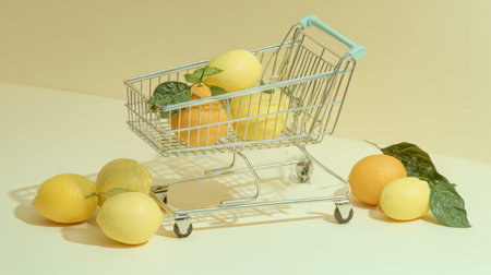 A vibrant still life featuring fresh lemons and oranges in a mini shopping cart against a soft yellow background. Ideal for showcasing health, freshness, and grocery themes.の素材
