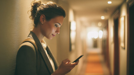 A professional woman stands in a hotel hallway, absorbed in her smartphone, surrounded by soft lighting and a contemporary atmosphere. Perfect for themes of business and travel.の素材