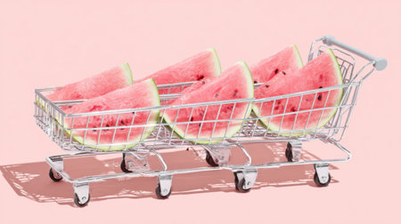 A shopping cart filled with fresh watermelon slices against a bright pink background, perfect for promoting healthy eating, summer refreshment, and vibrant food aesthetics.の素材