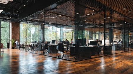 A bright and contemporary office space featuring glass walls, wooden flooring, and a collaborative environment designed for productivity and creativity in a business setting.の素材