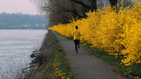 A lively scene capturing a jogger in a bright yellow jacket running alongside blooming yellow flowers and a serene river, illustrating the joy of outdoor fitness in nature.の素材