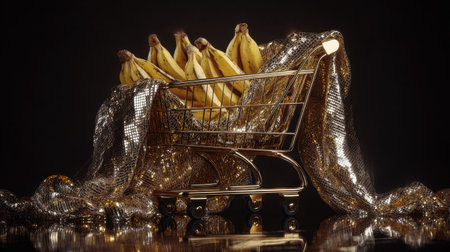 A captivating display of a golden shopping cart filled with ripe bananas, elegantly wrapped in shimmering fabric, perfect for healthy lifestyle and retail marketing visuals.の素材