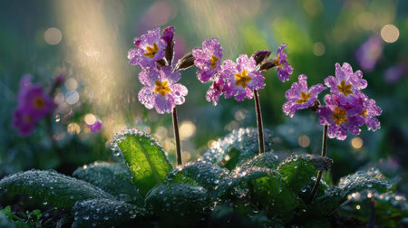 Beautiful pink flowers adorned with dew droplets capture the essence of spring, reflecting soft light in a serene garden, perfect for nature lovers and floral photography.の素材
