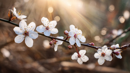 A beautiful close-up of cherry blossoms on a branch, illuminated by sunlight and creating a magical bokeh effect, perfect for nature enthusiasts and photography lovers.の素材